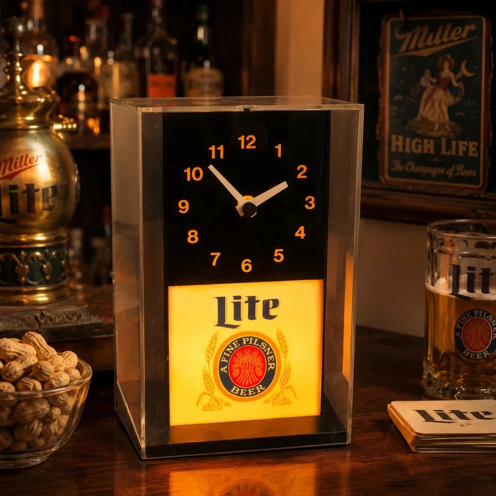 Vintage Miller Lite Beer Lighted Cube Clock A Fine Pilsner Bar Sign Works 9